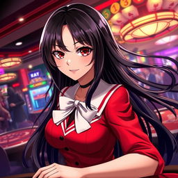 A strikingly beautiful character inspired by Yumeko Jabami, a high-stakes gambler with long, flowing ebony hair and captivating crimson eyes, dressed in a stylish red school uniform that accentuates her confidence and poise