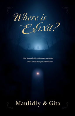 A book cover design for the title 'Where is the Exit?' featuring a mysterious and intriguing landscape, perhaps a labyrinth or a dark forest with a faint light glowing in the distance
