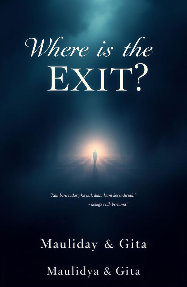 A book cover design for the title 'Where is the Exit?' featuring a mysterious and intriguing landscape, perhaps a labyrinth or a dark forest with a faint light glowing in the distance