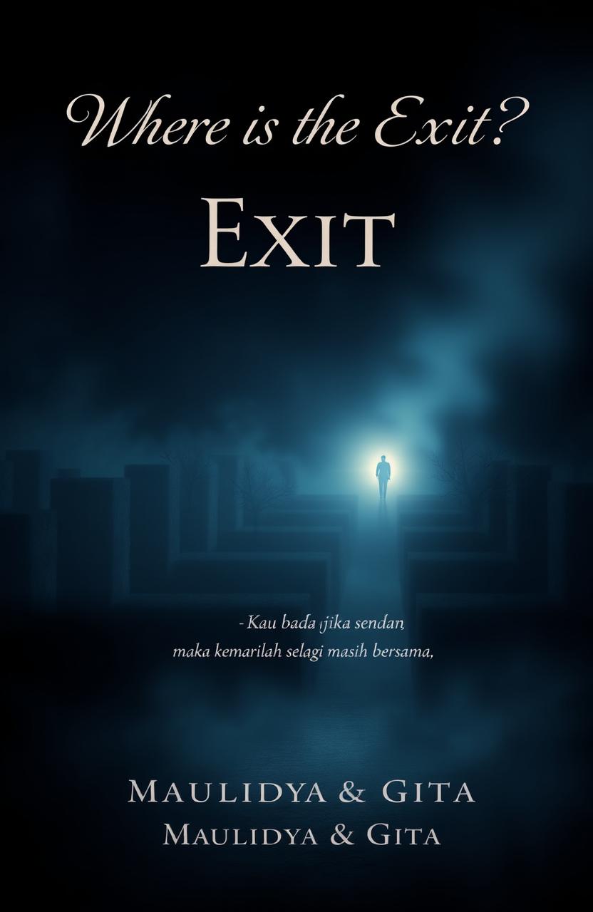 A book cover design for the title 'Where is the Exit?' featuring a mysterious and intriguing landscape, perhaps a labyrinth or a dark forest with a faint light glowing in the distance