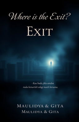 A book cover design for the title 'Where is the Exit?' featuring a mysterious and intriguing landscape, perhaps a labyrinth or a dark forest with a faint light glowing in the distance