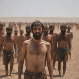 Generate an image of people standing in the plains of Mahshar, drenched in their own sweat due to the extreme closeness of the sun. Their faces show intense discomfort and desperation in the intense heat.