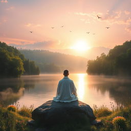 A serene and ethereal landscape featuring a radiant sunrise breaking over a tranquil lake surrounded by lush green forests
