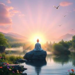 A serene and ethereal landscape featuring a radiant sunrise breaking over a tranquil lake surrounded by lush green forests