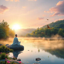 A serene and ethereal landscape featuring a radiant sunrise breaking over a tranquil lake surrounded by lush green forests