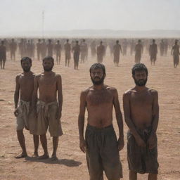 Generate an image of people standing in the plains of Mahshar, drenched in their own sweat due to the extreme closeness of the sun. Their faces show intense discomfort and desperation in the intense heat.