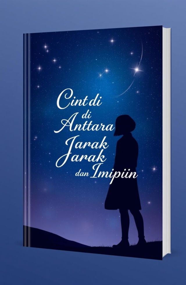 Book cover design for 'Cinta di Antara Jarak dan Impian', depicting a romantic theme with a starry night sky as the background