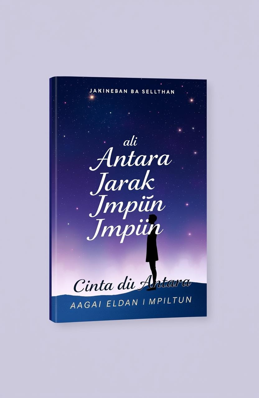 Book cover design for 'Cinta di Antara Jarak dan Impian', depicting a romantic theme with a starry night sky as the background