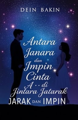 Book cover design for 'Cinta di Antara Jarak dan Impian', depicting a romantic theme with a starry night sky as the background