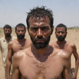 Generate an image of people standing in the plains of Mahshar, drenched in their own sweat due to the extreme closeness of the sun. Their faces show intense discomfort and desperation in the intense heat.