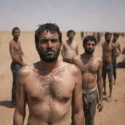 Generate an image of people standing in the plains of Mahshar, drenched in their own sweat due to the extreme closeness of the sun. Their faces show intense discomfort and desperation in the intense heat.