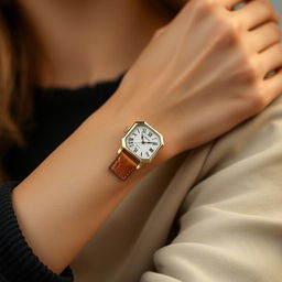 A fashionable woman showcasing a small octagonal watch on her wrist, measuring 15x20 mm with subtly cut corners that give it a unique design