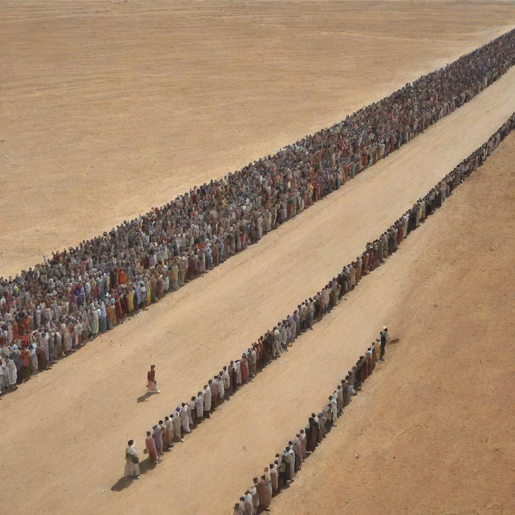 Generate an image illustrating people lining up to have their good deeds weighed on a large scale in the plains of Mahshar, encapsulating a solemn and critical moment of judgement.