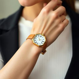 A fashionable woman showcasing a small octagonal watch on her wrist, measuring 15x20 mm with subtly cut corners that give it a unique design