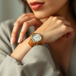 A fashionable woman showcasing a small octagonal watch on her wrist, measuring 15x20 mm with subtly cut corners that give it a unique design