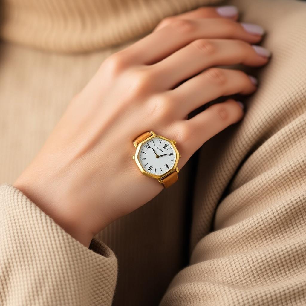 A fashionable woman showcasing a small octagonal watch on her wrist, measuring 15x20 mm with subtly cut corners that give it a unique design