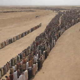 Generate an image illustrating people lining up to have their good deeds weighed on a large scale in the plains of Mahshar, encapsulating a solemn and critical moment of judgement.