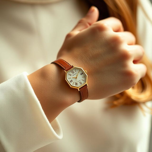 A fashionable woman showcasing a small octagonal watch on her wrist, measuring 15x20 mm with subtle cuts on the corners that create a refined octagonal shape