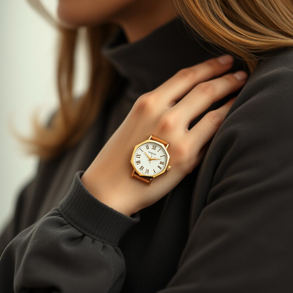 A fashionable woman showcasing a small octagonal watch on her wrist, measuring 15x20 mm with subtle cuts on the corners that create a refined octagonal shape