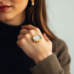 A fashionable woman showcasing a small octagonal watch on her wrist, measuring 15x20 mm with subtle cuts on the corners that create a refined octagonal shape