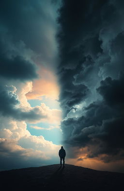 A dramatic and emotional landscape transitioning from bright, illuminating light on one side to deep, dark shadows on the other, symbolizing the contrast between hope and pain