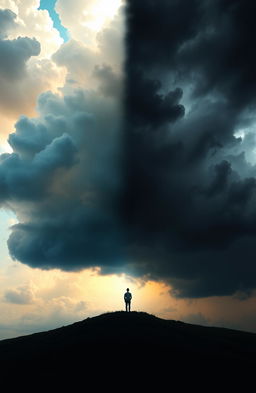 A dramatic and emotional landscape transitioning from bright, illuminating light on one side to deep, dark shadows on the other, symbolizing the contrast between hope and pain