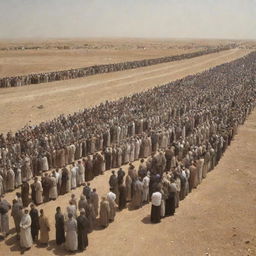 Generate an image illustrating people lining up to have their good deeds weighed on a large scale in the plains of Mahshar, encapsulating a solemn and critical moment of judgement.