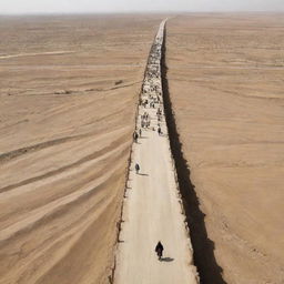 Generate an image of people crossing the Sirat al-Mustaqim, a long, wall-less bridge in the plains of Mahshar, depicting their journey towards judgement with a sense of caution, trepidation, and hope.