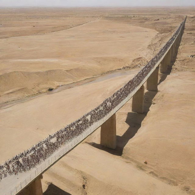 Generate an image of people crossing the Sirat al-Mustaqim, a long, wall-less bridge in the plains of Mahshar, depicting their journey towards judgement with a sense of caution, trepidation, and hope.