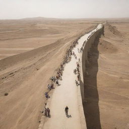 Generate an image of people crossing the Sirat al-Mustaqim, a long, wall-less bridge in the plains of Mahshar, depicting their journey towards judgement with a sense of caution, trepidation, and hope.