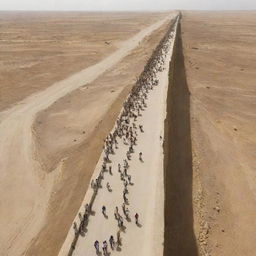 Generate an image of people crossing the Sirat al-Mustaqim, a long, wall-less bridge in the plains of Mahshar, depicting their journey towards judgement with a sense of caution, trepidation, and hope.