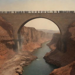 Generate an image of a long, wall-less bridge, the Sirat al-Mustaqim. Below lies the inferno of Jahannam, while the other side leads to paradise. People are captured in various stages of crossing, their expressions reflecting a mixture of fear, hope, and determination.