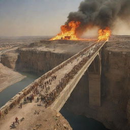 Generate an image of a long, wall-less bridge, the Sirat al-Mustaqim. Below lies the inferno of Jahannam, while the other side leads to paradise. People are captured in various stages of crossing, their expressions reflecting a mixture of fear, hope, and determination.