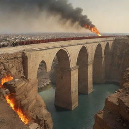 Generate an image of a long, wall-less bridge, the Sirat al-Mustaqim. Below lies the inferno of Jahannam, while the other side leads to paradise. People are captured in various stages of crossing, their expressions reflecting a mixture of fear, hope, and determination.