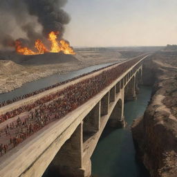 Generate an image of a long, wall-less bridge, the Sirat al-Mustaqim. Below lies the inferno of Jahannam, while the other side leads to paradise. People are captured in various stages of crossing, their expressions reflecting a mixture of fear, hope, and determination.