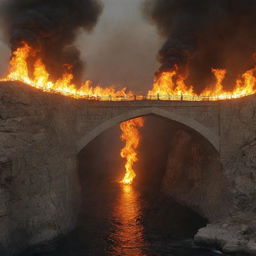 Generate an image illustrating a long, wall-less bridge, the Sirat al-Mustaqim, suspended over the flames of Jahannam. People are attempting to cross towards paradise on the other side, the scene capturing their fear, anticipation, and hope for salvation.