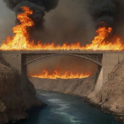 Generate an image illustrating a long, wall-less bridge, the Sirat al-Mustaqim, suspended over the flames of Jahannam. People are attempting to cross towards paradise on the other side, the scene capturing their fear, anticipation, and hope for salvation.