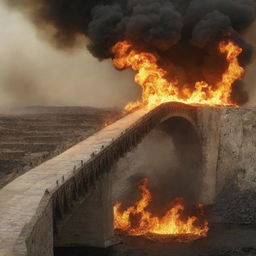 Generate an image illustrating a long, wall-less bridge, the Sirat al-Mustaqim, suspended over the flames of Jahannam. People are attempting to cross towards paradise on the other side, the scene capturing their fear, anticipation, and hope for salvation.