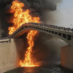 Generate an image illustrating a sudden, shocking moment where everyone on the Sirat al-Mustaqim bridge falls into the flames of Jahannam below, encapsulating a sense of despair and doom.