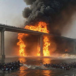 Generate an image illustrating a sudden, shocking moment where everyone on the Sirat al-Mustaqim bridge falls into the flames of Jahannam below, encapsulating a sense of despair and doom.