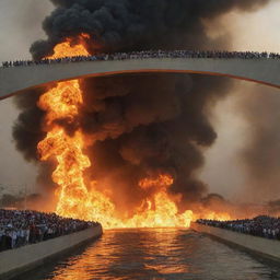 Generate an image illustrating a sudden, shocking moment where everyone on the Sirat al-Mustaqim bridge falls into the flames of Jahannam below, encapsulating a sense of despair and doom.