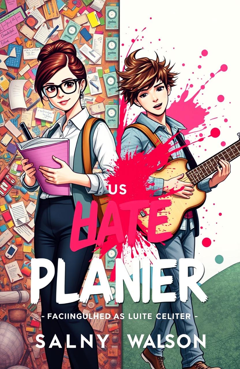 A captivating book cover design that showcases the unique dynamic between a meticulous planner girl and a free-spirited boy