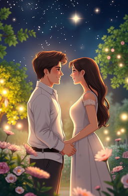 A romantic narrative backdrop featuring a couple in love, named Chris and their partner, sharing an intimate moment under a starlit sky
