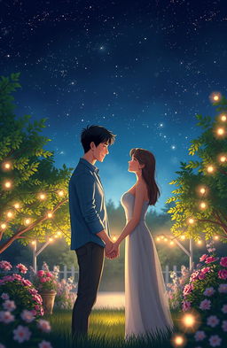 A romantic narrative backdrop featuring a couple in love, named Chris and their partner, sharing an intimate moment under a starlit sky