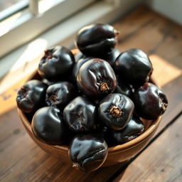 A highly realistic image of a bowl filled with ripe, glossy black jamun fruits sitting on a rustic wooden table