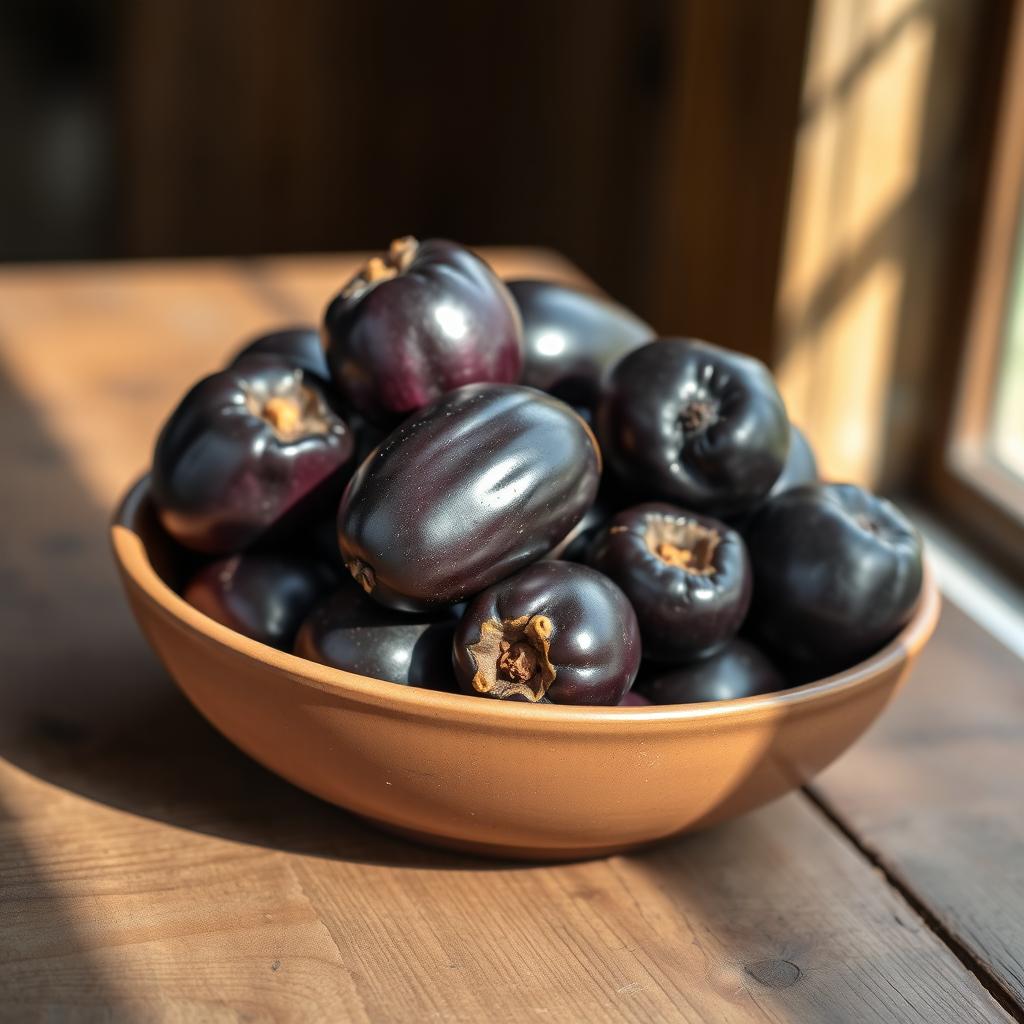 A highly realistic image of a bowl filled with ripe, glossy black jamun fruits sitting on a rustic wooden table