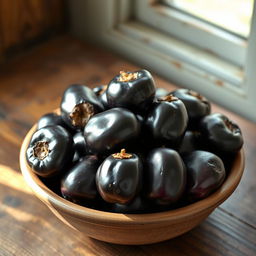 A highly realistic image of a bowl filled with ripe, glossy black jamun fruits sitting on a rustic wooden table