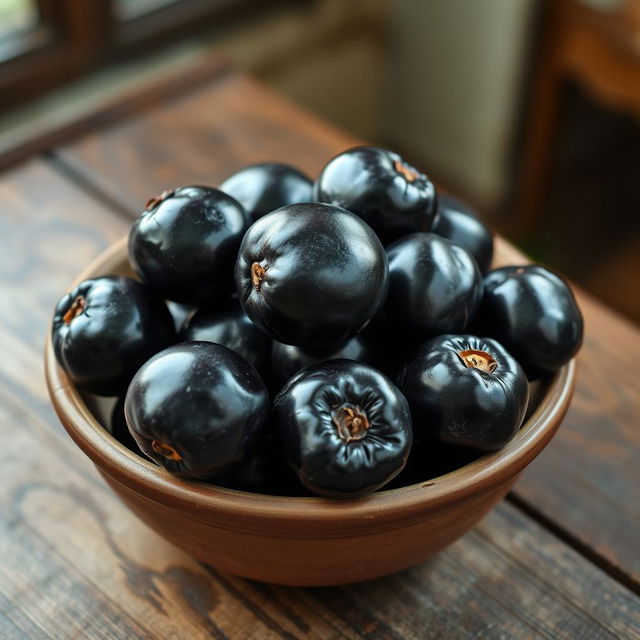 A highly realistic image of a bowl filled with ripe, glossy black jamun fruits sitting on a rustic wooden table