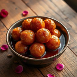 A realistic image of a bowl filled with Gulab Jamun, a popular Indian dessert made of deep-fried dough balls soaked in sweet syrup