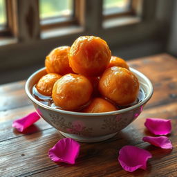 A realistic image of a bowl filled with Gulab Jamun, a popular Indian dessert made of deep-fried dough balls soaked in sweet syrup